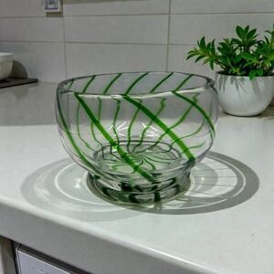 Hand Blown Round Thick Studio Art Glass Bowl Clear Green Spiral Swirl Design